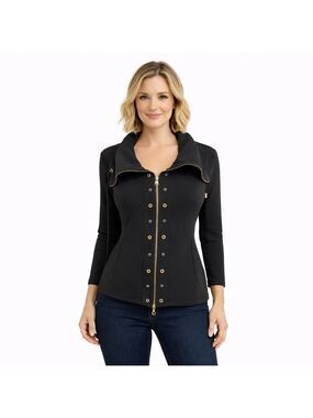 Frank Lyman Black Gold Zip Structured jersey Jacket/blazer M Modern Chic Style